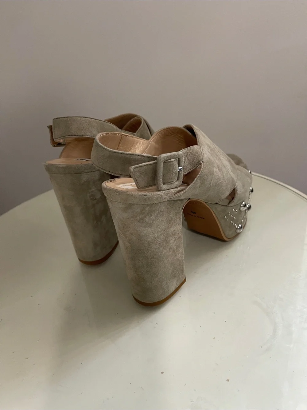 Platform Suede Slingback Sandals with Gem Embellishments - Beige